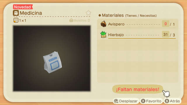 Receta de la Medicina en Animal Crossing New Horizons