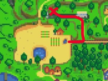 Localización en el Mapa de Stardew Valley de la Cesta de Moras de Linus