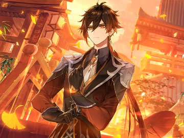 Zhongli Posando con Liyue de Fondo