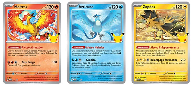 Articuno, Zapdos y Moltres del pack promocional del 30 Aniversario
